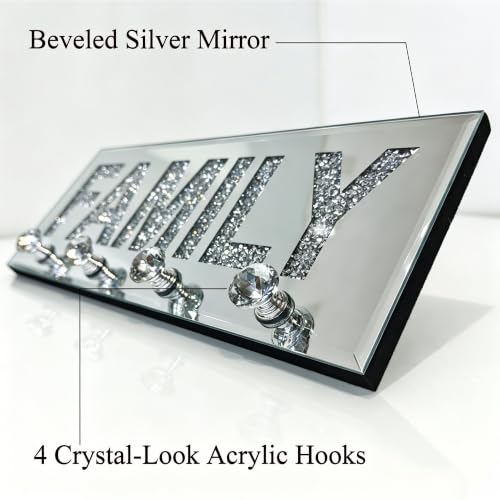 Crushed Diamond FAMILY Key Holder, Silver Mirror Wall Decor,11.8" ,4 Hooks | crushed diamond silver mirror with safe beveled edges,4 2-lb capacity acrylic hooks ,shatterproof, for keys/scarves/bags etc.