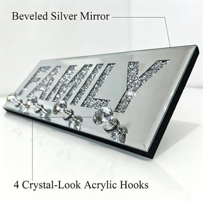 Crushed Diamond FAMILY Key Holder, Silver Mirror Wall Decor,11.8" ,4 Hooks | crushed diamond silver mirror with safe beveled edges,4 2-lb capacity acrylic hooks ,shatterproof, for keys/scarves/bags etc.