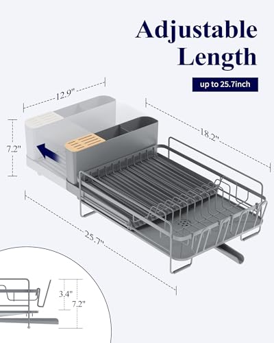 Kitsure Extendable Large Dish Drying Rack, 18.2"-25.7" L x 12.9" W, Grey | Large Drying Dish Rack with Cutlery, Cup Holders, Multifunctional Dish Rack for Counter with Drainage, Anti-Rust Dish Drainer