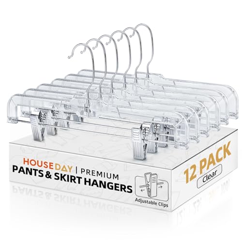 HOUSE DAY 14 Inch Clear Pants Hangers with Clips 12 Pack, Skirt Hangers | Adjustable Clip Hangers for Pants, Skirts, Jeans and Shorts, with No Marks Pads and 360° Swivel Hook, for Closet Organization