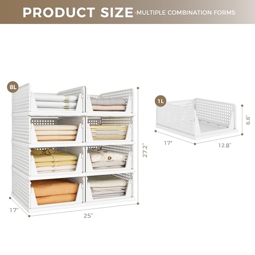 8 Pack Closet Organizer Storage Bins Stackable Plastic Drawer Shelf | Basket for Clothing Stackable Storage Bins Shelf Storage Container for Closet Wardrobe Bedroom Bathroom Office White Foldable