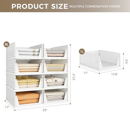 8 Pack Closet Organizer Storage Bins Stackable Plastic Drawer Shelf | Basket for Clothing Stackable Storage Bins Shelf Storage Container for Closet Wardrobe Bedroom Bathroom Office White Foldable