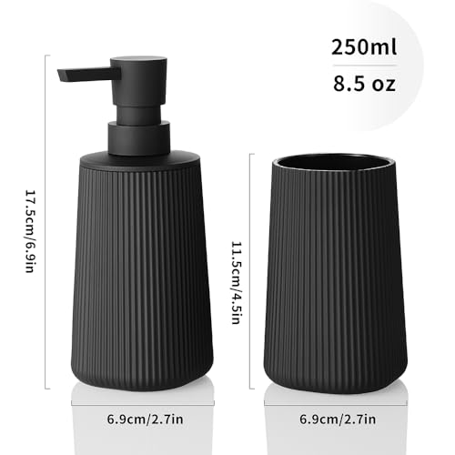 Bathroom Soap Dispenser and Toothbrush Holder Striped Black | Bathroom Accessories Set 2 Piece for Bathroom Countertop Storage and Decor