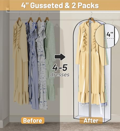 MISSLO 65" Clear Garment Bags for Hanging Clothes 4" Gusseted Dress Bags for Gowns Long Dress Cover for Closet Storage Dress Protector Bag, 2 Packs
