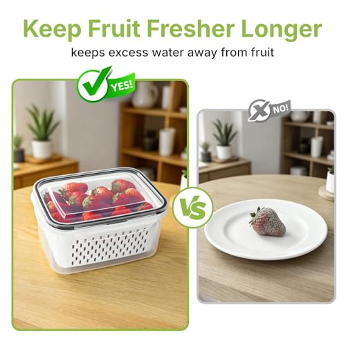 5 Pack Large Fruit Storage Containers for Fridge, Leakproof Produce Containers with Removable Colanders, Dishwasher Safe Fridge Organizers and Storage, Keep Berry, Vegetables Fresh Longer