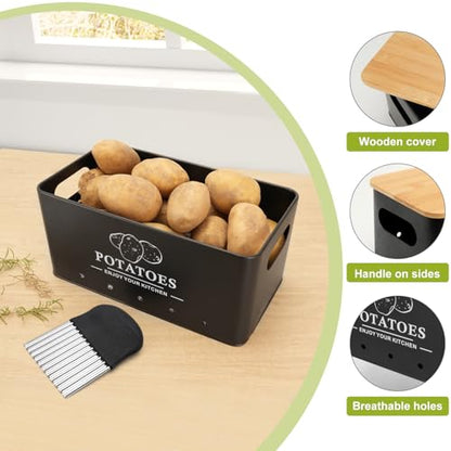 Kitchen Vegetable Storage Set of 3, Metal Onion Garlic Potato Storage Set, Kitchen Canisters Vegetable Keeper Containers with Aerating Holes and Bamboo Lid,Black