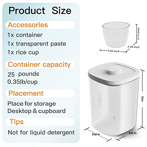 20-25 lbs Rice Dispenser,10.5 Qt/10 L/22-25 lbs Rice Container Storage with Measuring Cup & Brush Food Cereal Container Bins Household for Kitchen Pantry Organization (AY-10KG-WHITE)