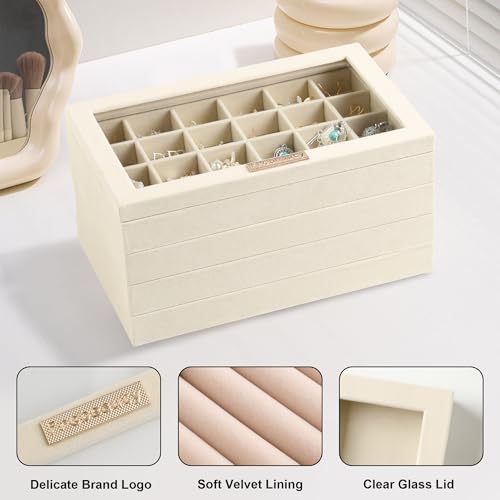 Stackable Jewelry Trays,Set of 4 Jewelry Organizer for Drawer | Glass Lid,Removable Dividers,Real Stackable Design,Velvet Material,Drawer Inserts,Jewelry Box for Earring Rings and Necklace