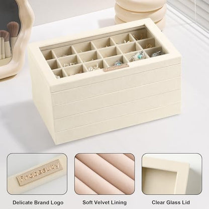 Stackable Jewelry Trays,Set of 4 Jewelry Organizer for Drawer | Glass Lid,Removable Dividers,Real Stackable Design,Velvet Material,Drawer Inserts,Jewelry Box for Earring Rings and Necklace