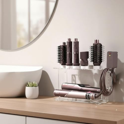 Dyson Airwrap Holder, Dyson Airwrap Wall Mount Clear Acrylic Organizer, Shark Hair Dryer Holder Stand with 8 Slots Cord Hook, Heat-Resistant Storage for Bathroom/Vanity UEMUSI
