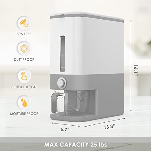 Proarea Rice Dispenser 25 Lbs, Airtight Grain Rice Storage Container with Measuring Cup, One-Touch Dry Food Dispenser for Kitchen Pantry, Clear Scale Window, Graphite Gray