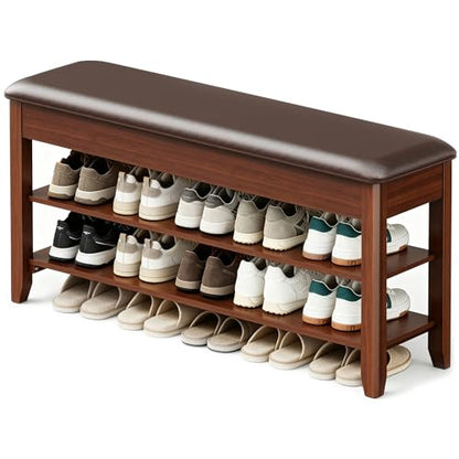 LBT Shoe Bench with Storage, Solid Rubberwood Shoe Rack Bench for Entryway | Adjustable 6.3" Shelf Fits High-Top Shoes & Boots, Hidden Storage Compartment, Cushion Seat, Stay-Open Hinge, Walnut