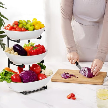 Lifewit Plastic Fruit Bowl for Kitchen Counter, 3 Tier Fruit Basket with Black Metal Stand, Tiered Fruit Holder for Countertop Serving Tray for Vegetable/Dessert in Party 28 x 21 x 35cm/11 x 8.4 x 14