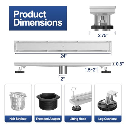 Neodrain 24 inch Linear Shower Drain-Brushed Nickel Tile-in Floor Drain | 304 Stainless Steel Linear Drain, Fast Drainage Rectangle Hidden Shower Trench, Easy Clean & Hair Catcher,cUPC Certified