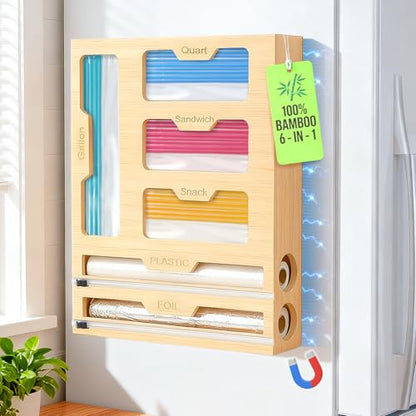 Magnetic Storage Bag Organizer 6 In 1 Ziplock Bag Organizer for Fridge and Drawer, Foil and Plastic Wrap Organizers with Cutter, Food Storage Bags Organizers for Gallon Quart Sandwich Snack