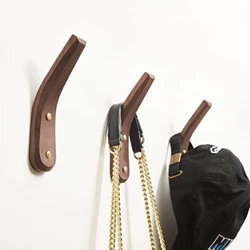 Wood Hooks Wall Mounted Minimalist Natural Real Walnut (2 Pack) | Easy Install, Hanging Towel Hat Coat Bag Cap Clothes Robe, Bathroom, Entryway, Mid Century Modern, Rustic, Boho, Decor
