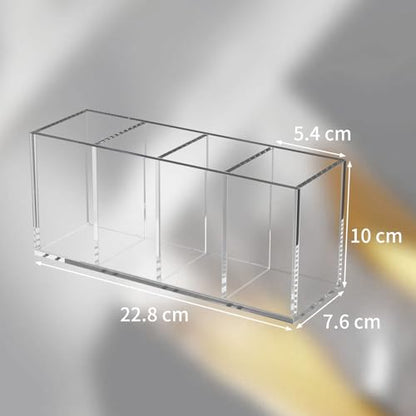 NIUBEE Acrylic Pen Holder 4 Compartments, Clear Desk Pencil Organizer Cup | Scratch-resistant thick acrylic with 4 slots for pens, pencils, makeup brushes, office, vanity and school use