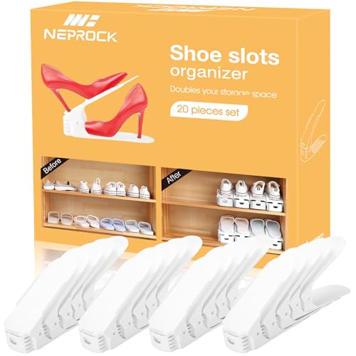 Shoe Slots Organizer, 20 Pack Adjustable Shoe Rack Stacker Storage Space Saver, Double Deck Shoe Rack Holder for Closet Organization (White)