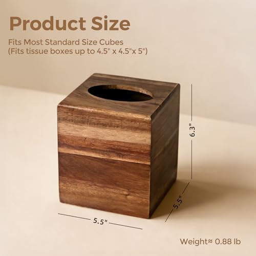 Acacia Wood Tissue Box Cover, Square Wooden Tissue Box Holder for Bathroom | Wooden Cube Tissue Cover with Slide-Out Bottom, Decorative Facial Cube Tissue Holder for Office, Modern Farmhouse Decor