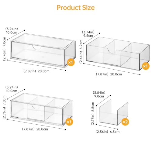 PAVSTINE Medicine Cabinet Organizer 3 Pack, Plastic Stackable Storage with 2 Drawers, Bathroom Mirror Cabinet Organizer with Removable Dividers for Wall Cabinet, Vanity, Countertop, Clear