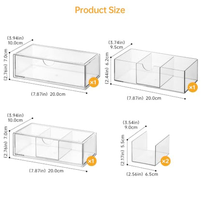 PAVSTINE Medicine Cabinet Organizer 3 Pack, Plastic Stackable Storage with 2 Drawers, Bathroom Mirror Cabinet Organizer with Removable Dividers for Wall Cabinet, Vanity, Countertop, Clear