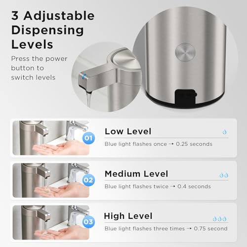 Newise Automatic Soap Dispenser - 9 oz, Rechargeable Touchless Liquid Soap for Kitchen and Bathroom with 3 Adjustable Dispensing Modes, Stainless Steel