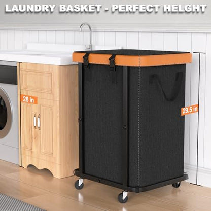 Laundry Hamper with Wheels,150L Leather Patchwork Clothes Hamper Black | Rolling Laundry Basket with Sturdy Metal Frame, Removable Washable Bag,Tall Clothes Sorter for Bedroom, Laundry Room, Dorm