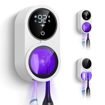UV Toothbrush Sanitizer Holder, Electric Toothbrush Cleaner with LED Display, Infrared Auto Sensor, Auto-Cycle & Fan Drying, Rechargeable Wall Mounted Tooth Brush Holders for Bathroom Organizer