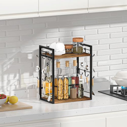 Dorhors Coffee Bar Organizer,Mug Holder,Station Organizer Kitchen Counter | 2 Tier Rustic Brown Wood Coffee Bar Accessiries with 12 Hooks,Countertop Shelf for Mug,Syrup and Accessories