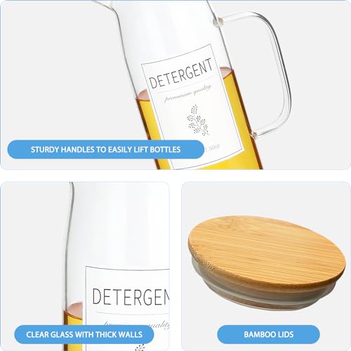 Laundry Detergent Dispenser Set with Bamboo Lids and Handles - Easy Pour 2 Pack 50 oz Liquid Laundry Containers for Laundry Room Organization and Storage
