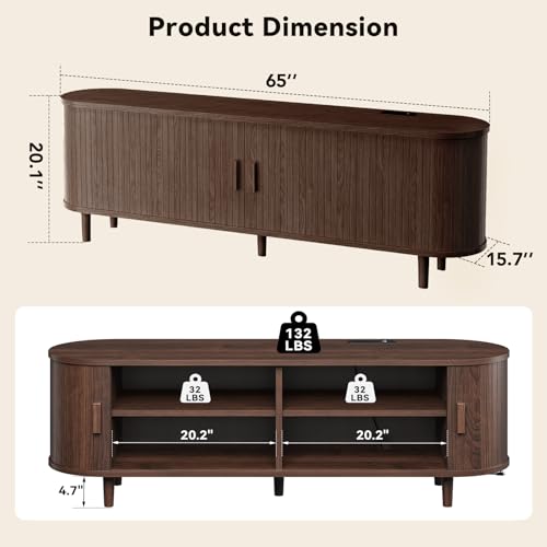 65" Mid Century Modern TV Stand with Power Outlet, Fluted Entertainment Center with Storage and Adjustable Shelves, Wood TV Console with Sliding Doors for Living Room, Walnut
