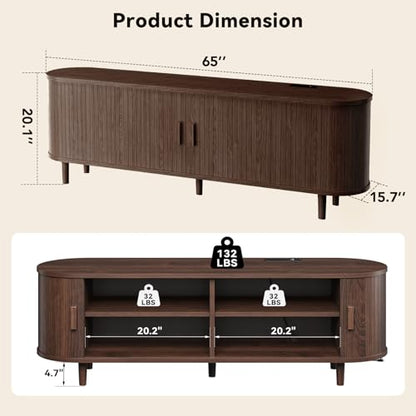 65" Mid Century Modern TV Stand with Power Outlet, Fluted Entertainment Center with Storage and Adjustable Shelves, Wood TV Console with Sliding Doors for Living Room, Walnut