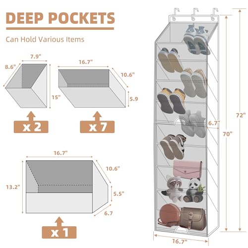 STORAGE MANIAC Over the Door Shoe Organizer with Curtain Dustproof Heavy-Duty Large Deep Pocket Hanging Shoe Organizer for Closet Dorm & Narrow Door Storage Shoe Holder Shoe Rack, 9-Shelf Beige 1 Pack