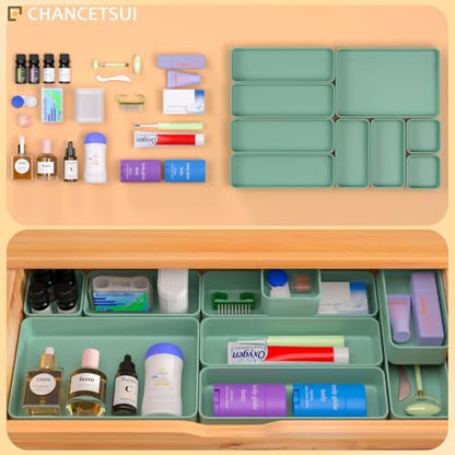 CHANCETSUI 9 Pcs Stackable Drawer Organizer Trays Set, Green, Multifunctional Storage for Vanity, Bathroom, Kitchen, Desk Drawer Organizer Office, PET Plastic | sage green desk shallow vanity plastic office junk small bins kitchen