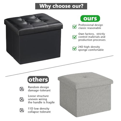 AmasSmile Ottoman with Storage, 17" Folding Leather Foot Rest Stool,Black | Storage Ottoman Foot Rest Stool, Thickened Foam Cushion,Living Room, Bedroom, Dorm, Load 300 lbs, Easy to install,17x13x13in