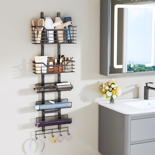 6-Tier Hair Tool Organizer - Hair Dryer Holder Over The Door/Wall Mounted DIY Adjustable Shelf Bathroom Door Organizer with Hook for Curling Iron/Blow Dryer/Straightener Black