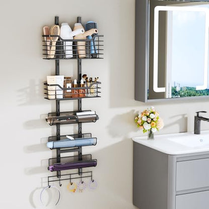 6-Tier Hair Tool Organizer - Hair Dryer Holder Over The Door/Wall Mounted DIY Adjustable Shelf Bathroom Door Organizer with Hook for Curling Iron/Blow Dryer/Straightener Black