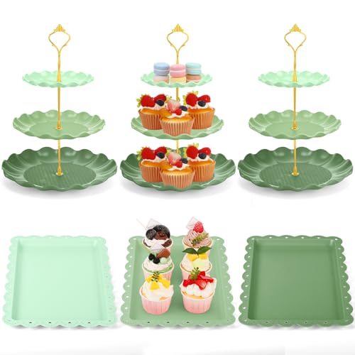 FoldTier 6 Pack Cupcake Stand Set 3 Pcs 3 Tier Gradient Dessert Table Display Stands Cookie Tray Rack 3 X14 in Rectangle Party Trays for Wedding Birthday Tea Party Baby Shower(Green,Round)