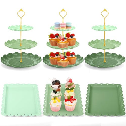 FoldTier 6 Pack Cupcake Stand Set 3 Pcs 3 Tier Gradient Dessert Table Display Stands Cookie Tray Rack 3 X14 in Rectangle Party Trays for Wedding Birthday Tea Party Baby Shower(Green,Round)