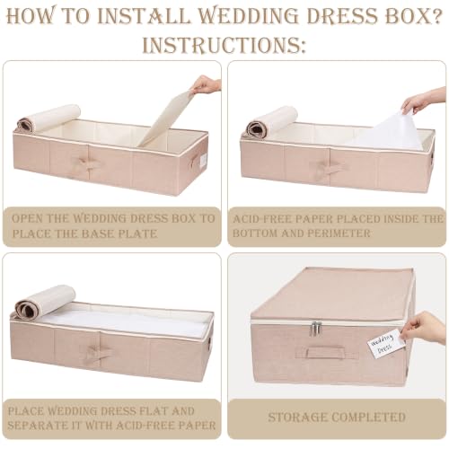 Large Wedding Dress Storage Box with 1 Pair of Microfiber Gloves and 30 Sheets of Acid-Free Paper, Wedding Dress Preservation Box for Heirlooms, Gowns Bride Musthaves (Pink)