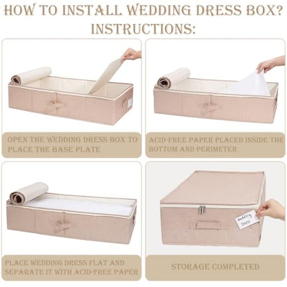 Large Wedding Dress Storage Box with 1 Pair of Microfiber Gloves and 30 Sheets of Acid-Free Paper, Wedding Dress Preservation Box for Heirlooms, Gowns Bride Musthaves (Pink)