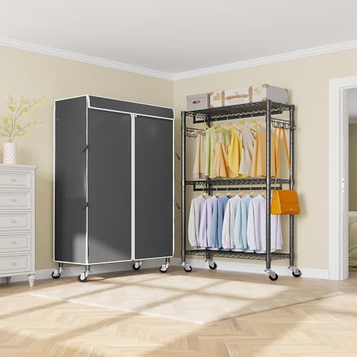 VIPEK R2C Medium Portable Closets for Hanging Clothes Covered Garment Rack | Lockable Silent Wheels, Double Hanging Rods, Adjustable Wire Shelving, Polyester Cover, 500lbs Space-Saving for Small Space