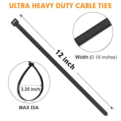 1200pcs Black Cable Zip Ties 12 Inch, Heavy Duty Plastic Nylon Tie Wraps with 50lb Tensile Strength for Indoor & Outdoor