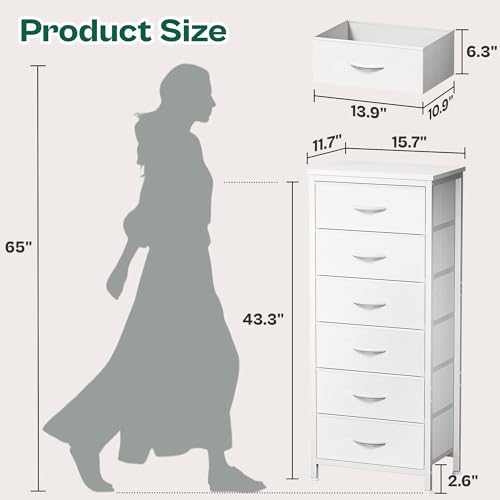 Huuger Tall Dresser for Bedroom, Stable 6 Drawer Dresser with Anti-Tip Device, PU Leather & Fabric Drawers, Tall Nightstand for Closet, Nursery, Storage Tower for College Dorm High Beds, White