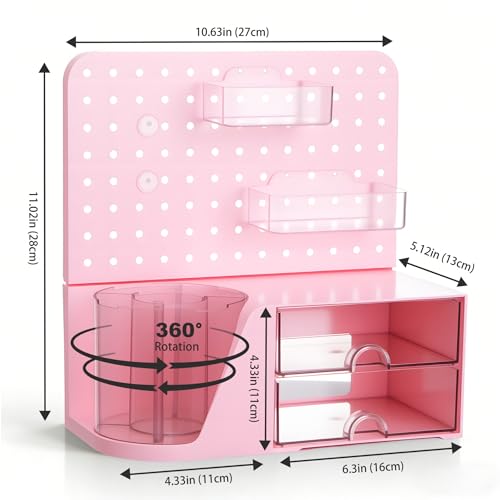 Comix Desk Organizer with 2 Drawer, Pink 360° Rotating Pen Holder for Desk | Desk Organizers and Accessories with 5 Slots Pencil Holder+Pegboard+Drawer, Pen Organizer for Home School Art Office Supplies