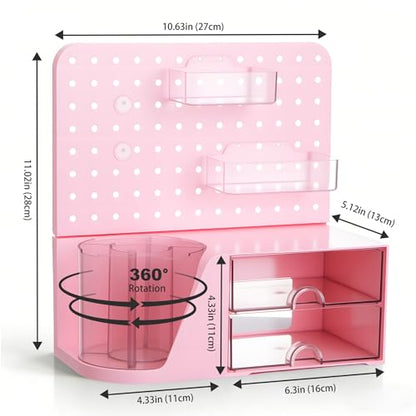 Comix Desk Organizer with 2 Drawer, Pink 360° Rotating Pen Holder for Desk | Desk Organizers and Accessories with 5 Slots Pencil Holder+Pegboard+Drawer, Pen Organizer for Home School Art Office Supplies