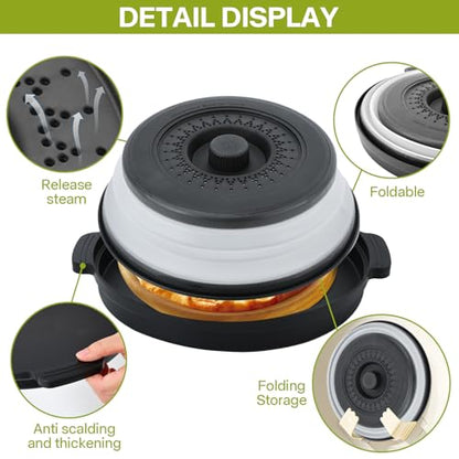 Microwave Splatter Cover for Food with Anti-scald Base Plate,Large Plastic & Silicone Vented Avoid Scalding Collapsible Guard Lid, Plate & Kitchen Colander for Meal Prep-10.7 Inch (2pcs-Gray-Black)
