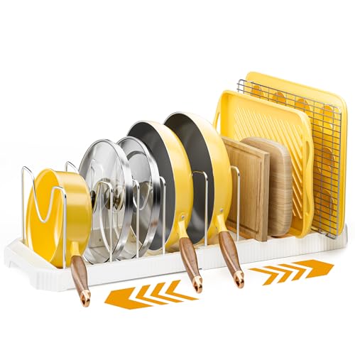 MUDEELA Pots and Pans Organizer under Cabinet, Pan Pot Organizer Inside Cabinet, Expandable 12.9''-21.88'' Pot Lid Organizer Holder with 10 Adjustable Dividers for Cutting Boards, Pan Lid Rack, White