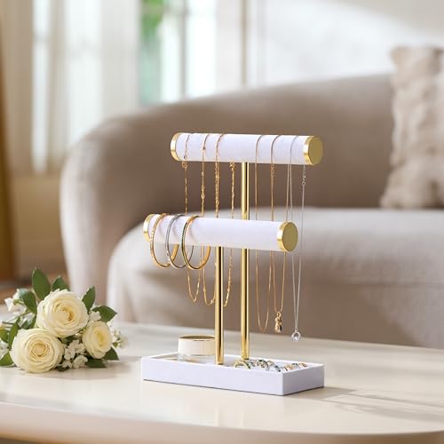 bussdis 2 Tier Bracelet Holder Display, Necklace Holder Organizer, White | Velvet Necklace Holder | Jewelry Tree | Jewelry Towers | Jewelry Stand Organizer for Necklaces, Bracelets, Earrings, Rings