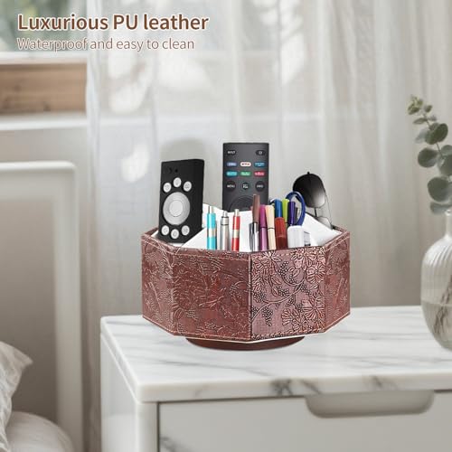 360° Spinning Remote Control Holder,Pen Caddy,Studio Art Supplies Organizer | PU Leather Swivel Office Desk Nightstand Storage Box for Media Controllers,Makeup Brush,Glasses,Decorations for Living Room